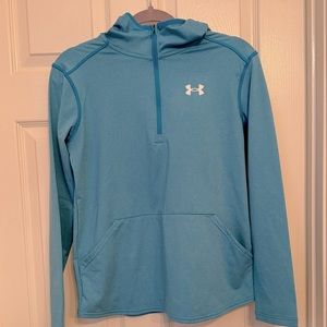 Blue Underarmour sweatshirt with hood. Size YLG. Brand new with tags